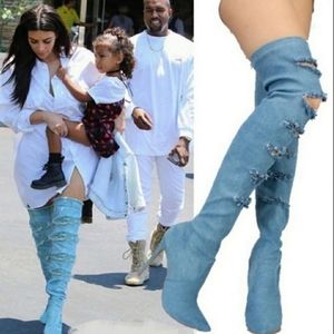 DENIM DISTRESSED THIGH HIGH BOOTS